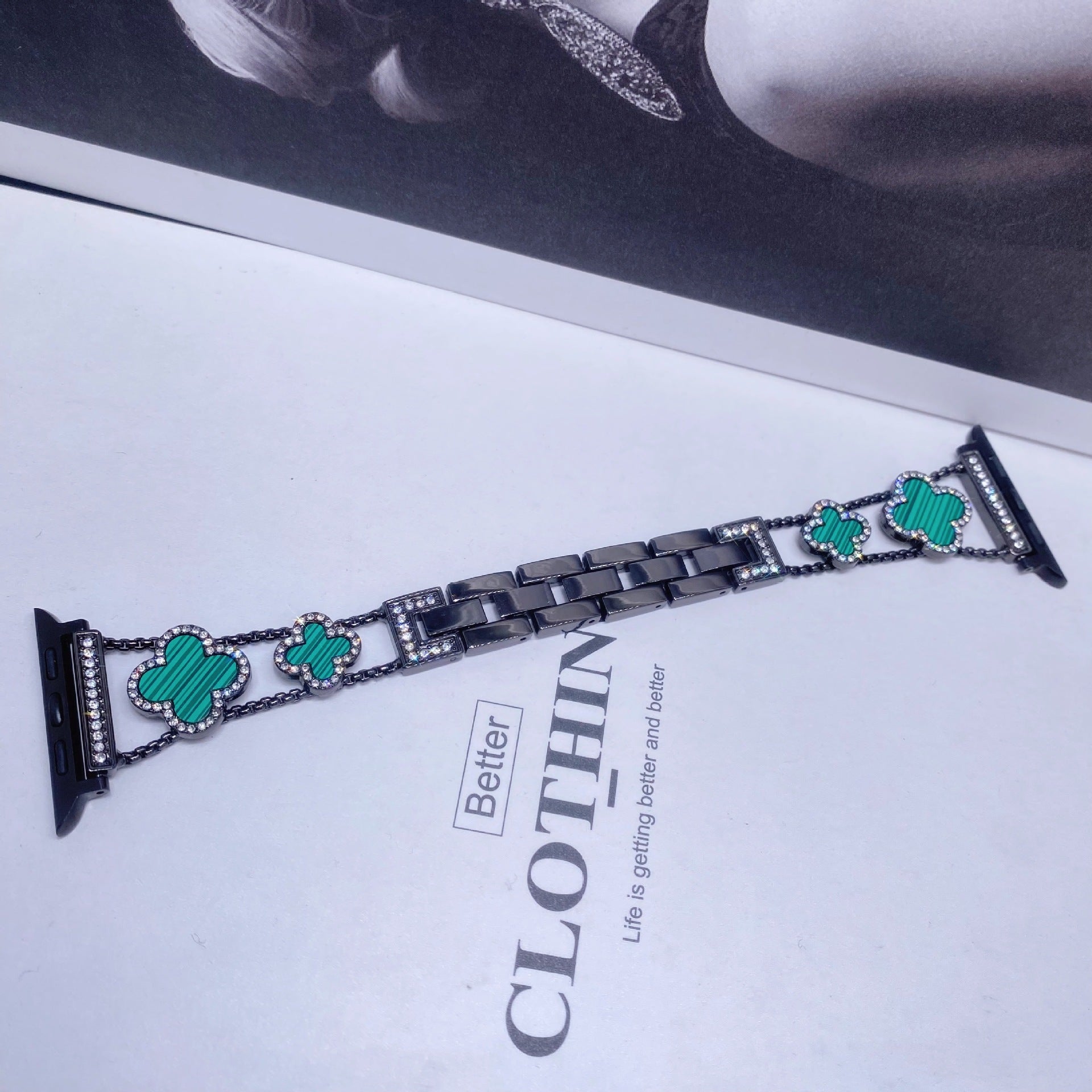 Stylish Four-Leaf Clover Rhinestone Metal Band image 1
