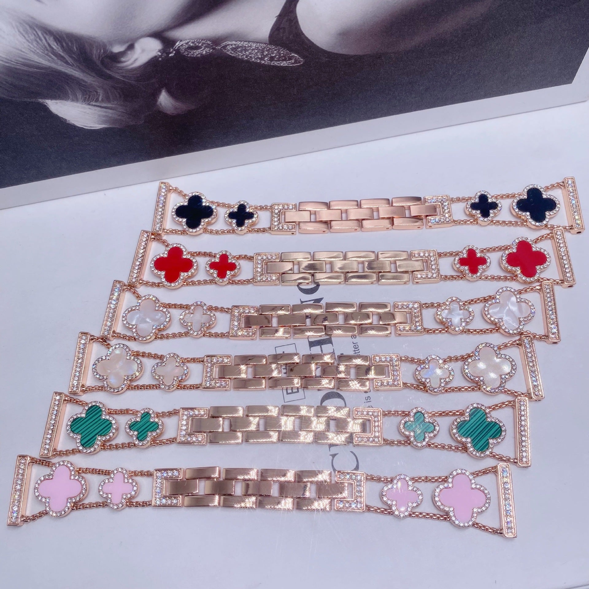 Stylish Four-Leaf Clover Rhinestone Metal Band image 1