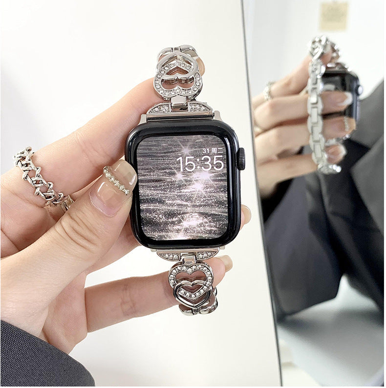 Adjustable silver heart-shaped watch band for Apple Watch
