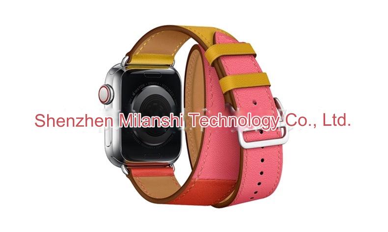 Close-up of pin buckle on leather Apple Watch band