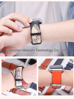 Model wearing Apple Watch with leather band