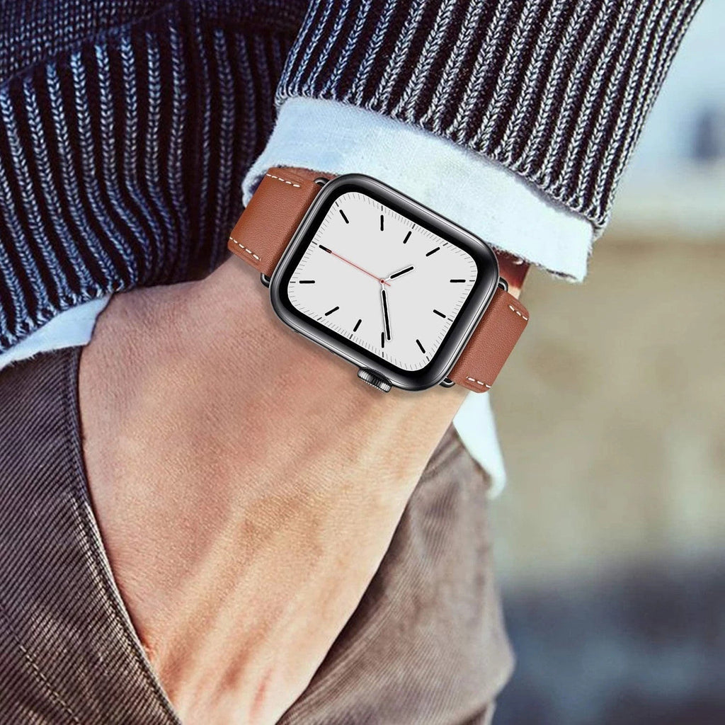 Stylish black leather watch strap compatible with Apple Watch