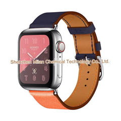 Close-up of pin buckle on leather Apple Watch band