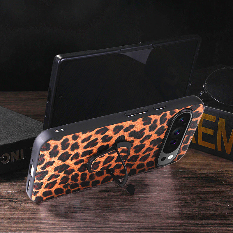 Magnetic leather phone case with leopard print design