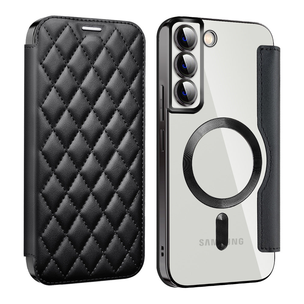 Different angles of stylish flip case for Galaxy phone