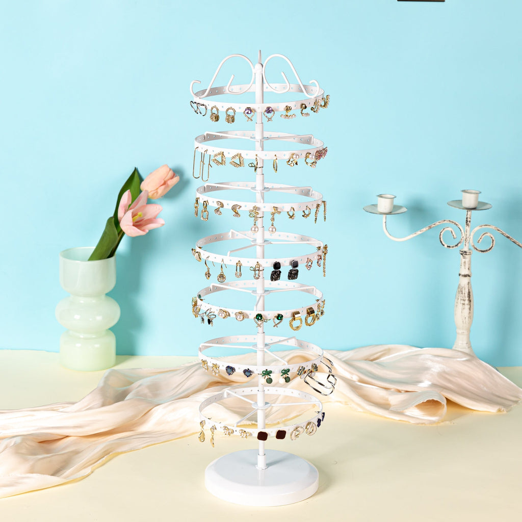 Top view of metal earring display stand with earrings