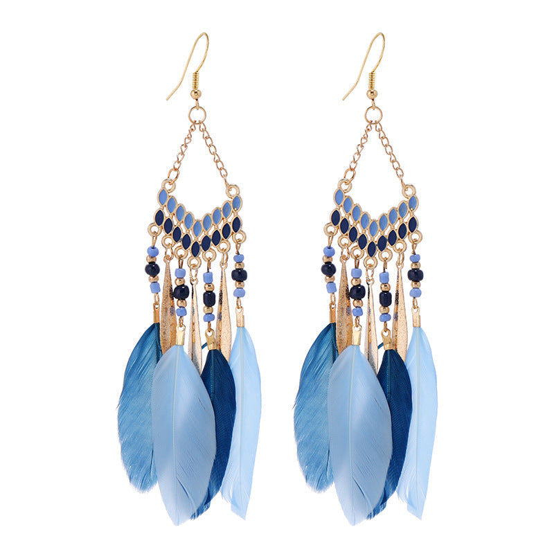 Unique bohemian earrings on model
