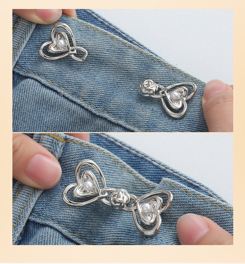 Close-up of metal waist button for custom sizing