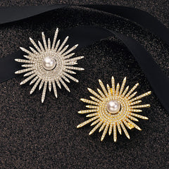 Sunflower brooch displayed on a model's jacket