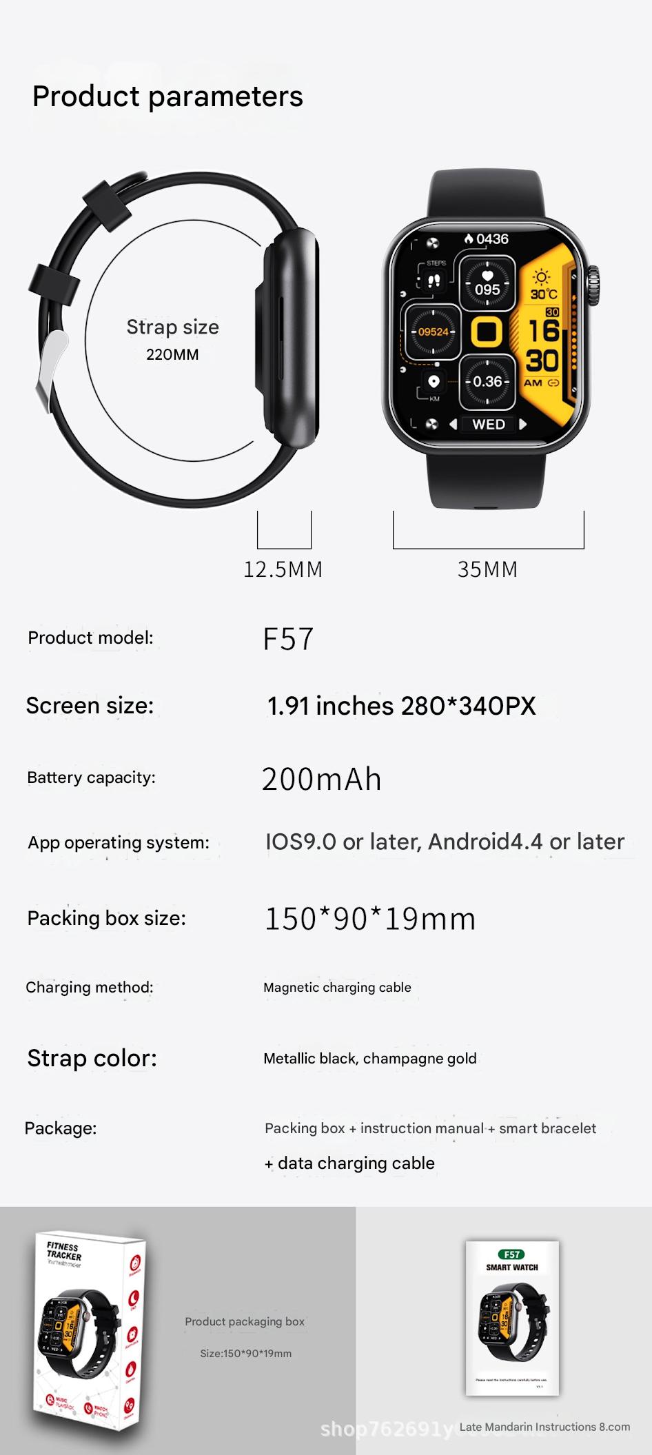 F57 smartwatch displayed with USB charging cable