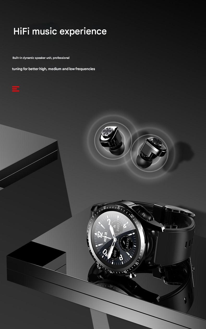 Smartwatch with earbuds in charging case
