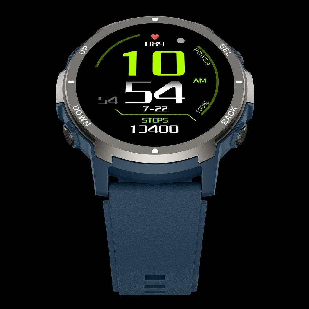 S52 smartwatch blue colour showcasing heart rate monitor