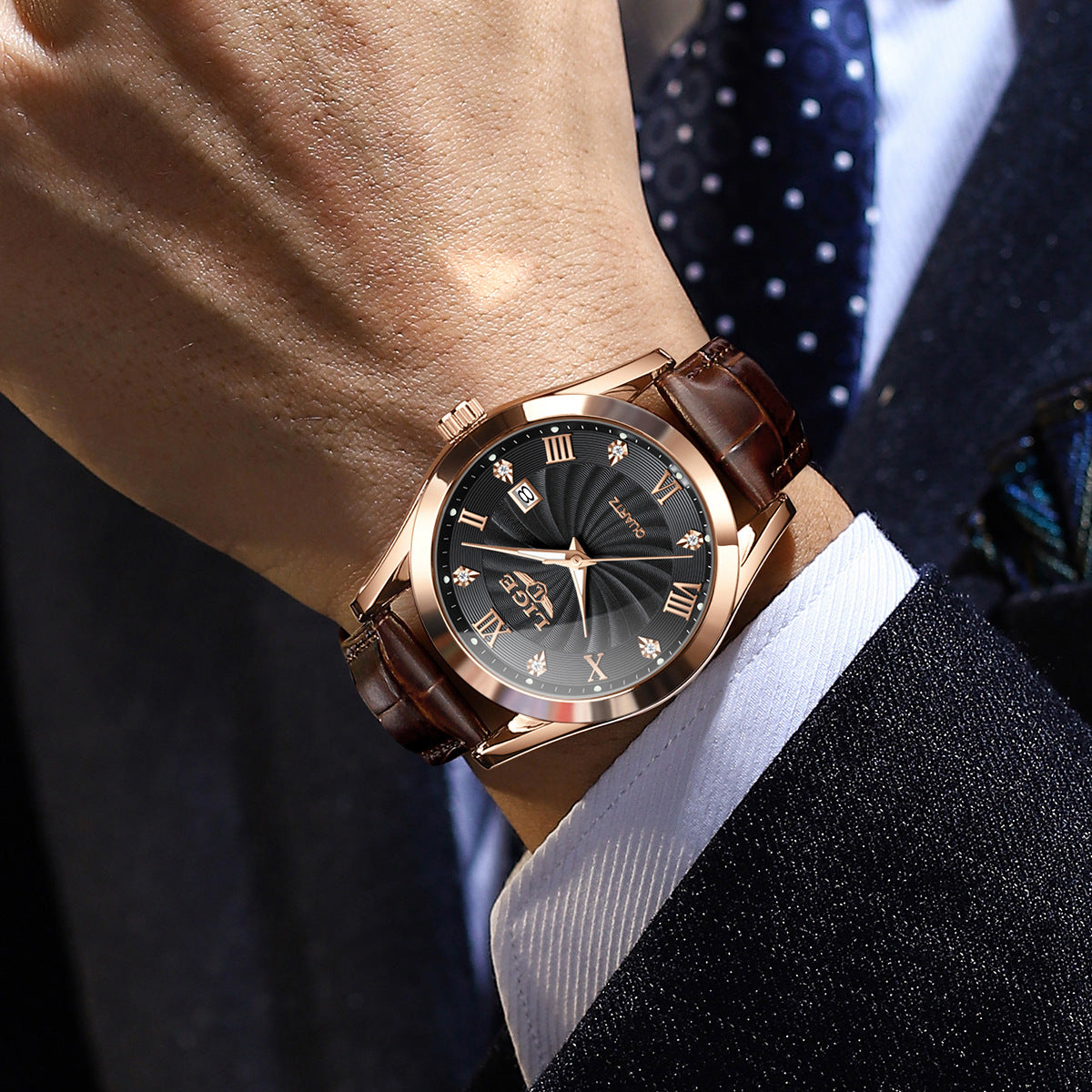 Close view of a men's watch showcasing a luminous dial