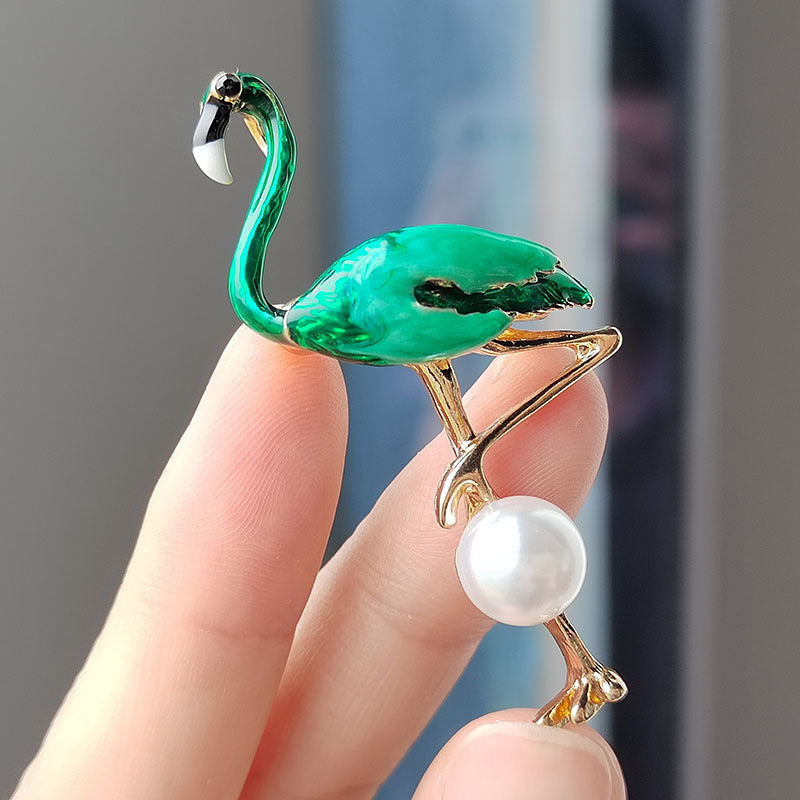 Charming Enamel Flamingo Pearl Brooch side view