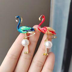 Charming Enamel Flamingo Pearl Brooch detailed close-up