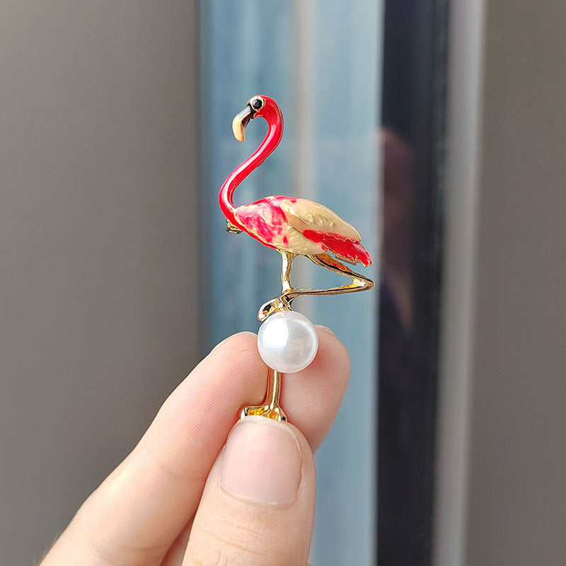 Charming Enamel Flamingo Pearl Brooch collection display