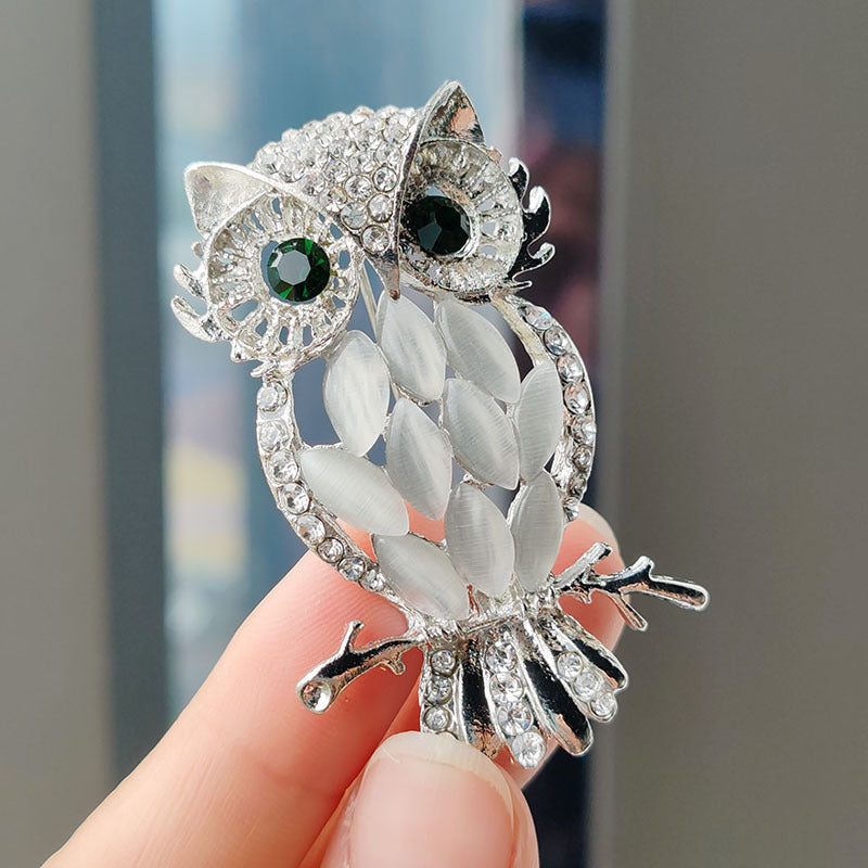 Close-up of the owl pin with rhinestones