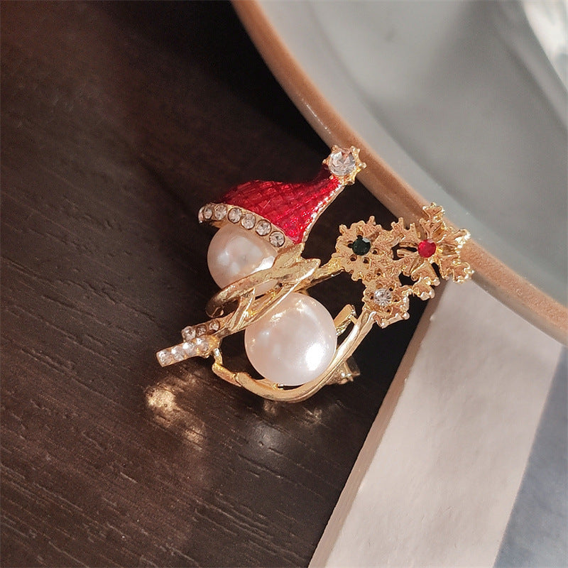 Snowman brooch worn on a jacket