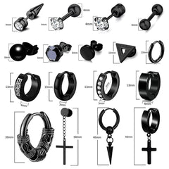 Close-up of black hoop earrings in various shapes