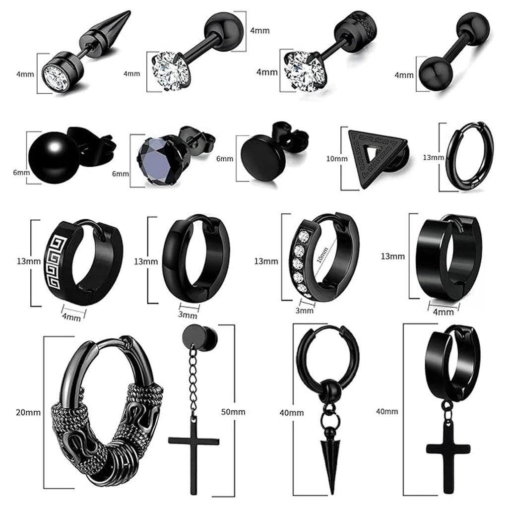 Close-up of black hoop earrings in various shapes