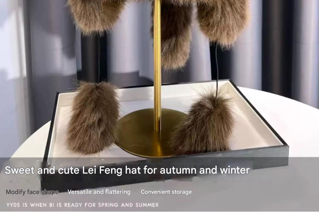 Cute plush winter hat with bear ears side view