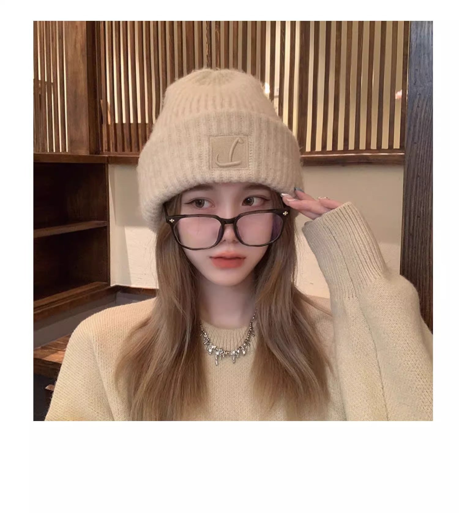 Stylish winter knit beanie hat for women in light khaki
