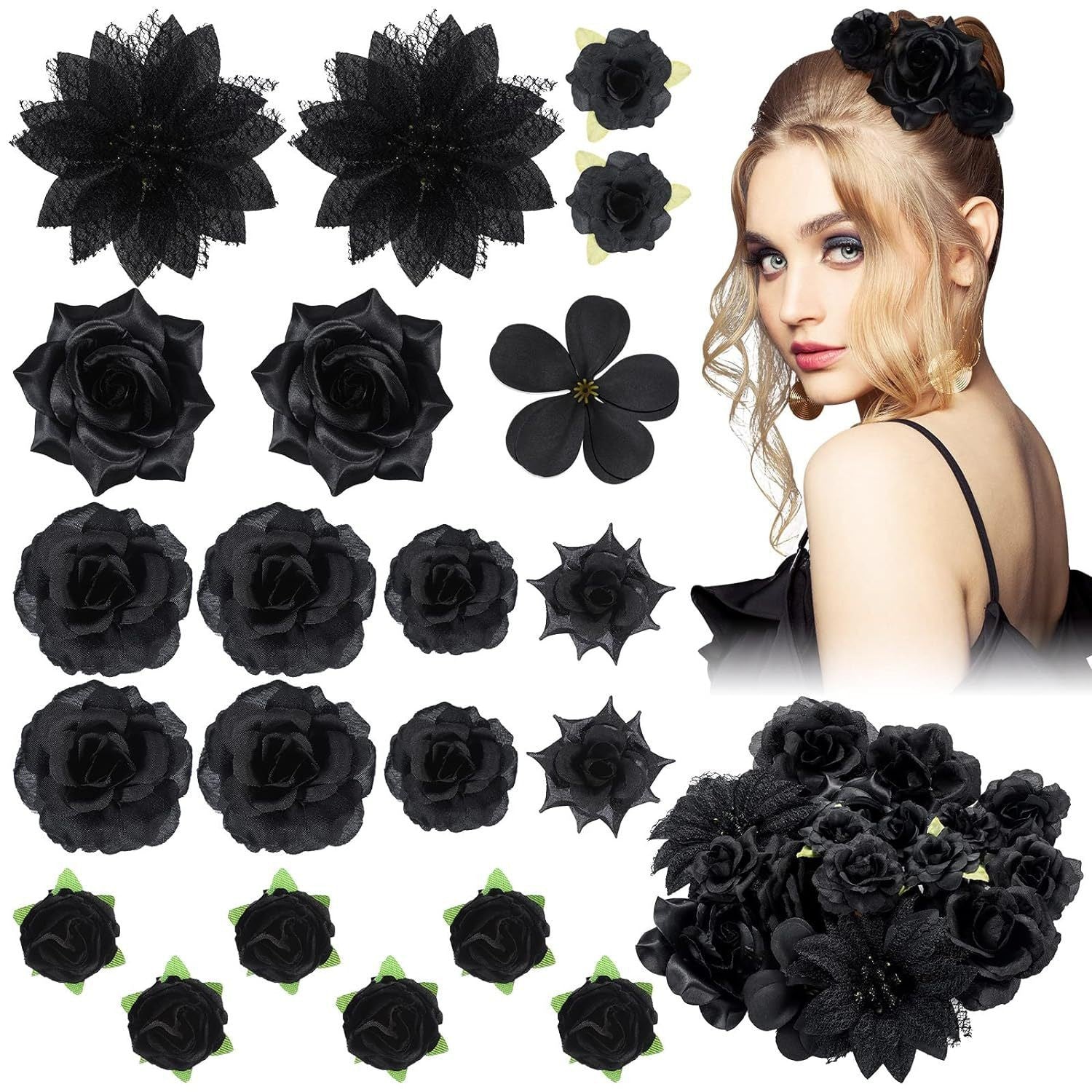 close-up of elegant floral hair clip on model